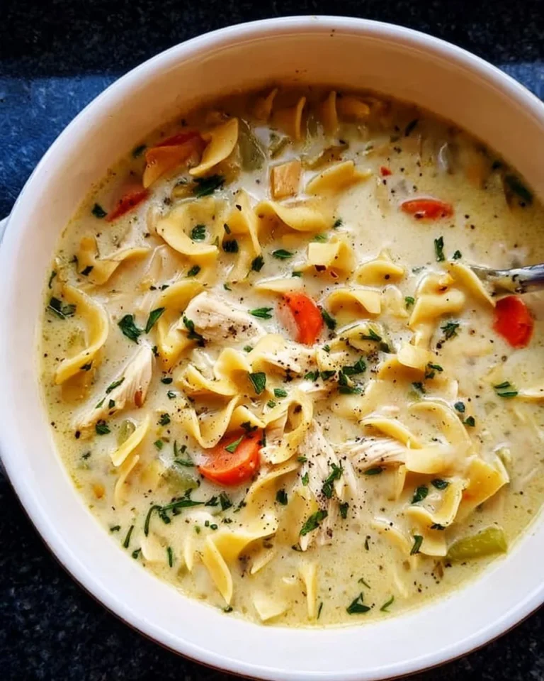 Cremige Hühner-Nudelsuppe in einer Schüssel mit frischen Kräutern garniert