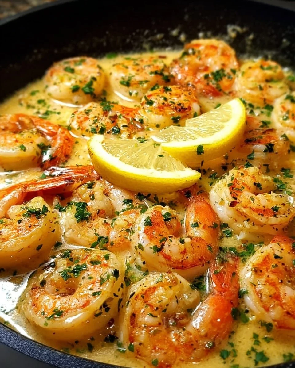 Cremige Knoblauchgarnelen serviert mit frischen Kräutern und Beilagen