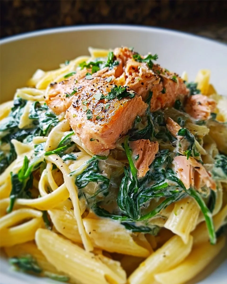 Cremige Lachs-Spinat-Pasta mit frischem Spinat und zartem Lachs.
