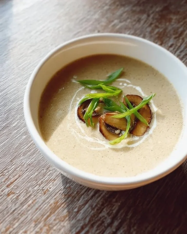Cremige Shiitake-Pilz- und Frühlingszwiebel-Suppe in einer Schüssel