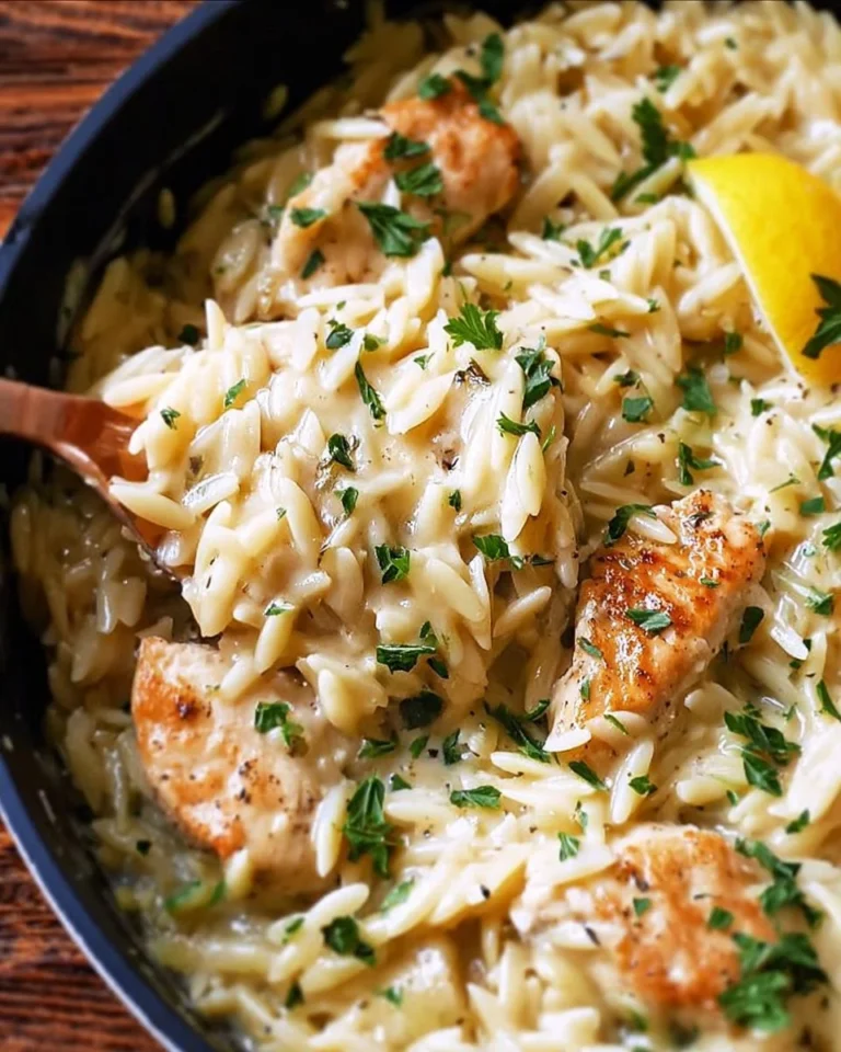 Cremiges Zitronen-Hühnchen-Orzo Gericht auf einem Teller