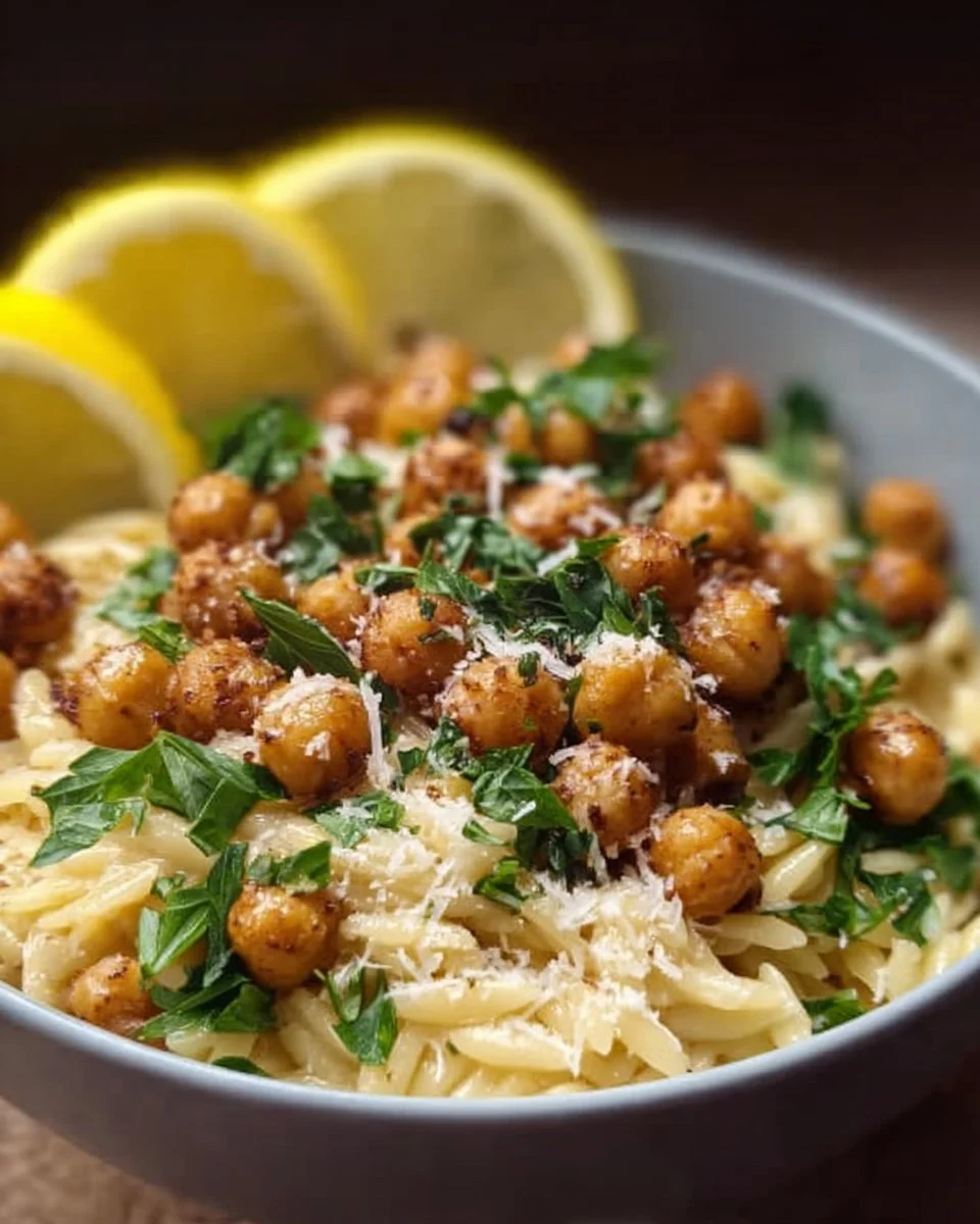 Cremiger Zitronen-Ricotta-Orzo mit knoblauchgerösteten Kichererbsen