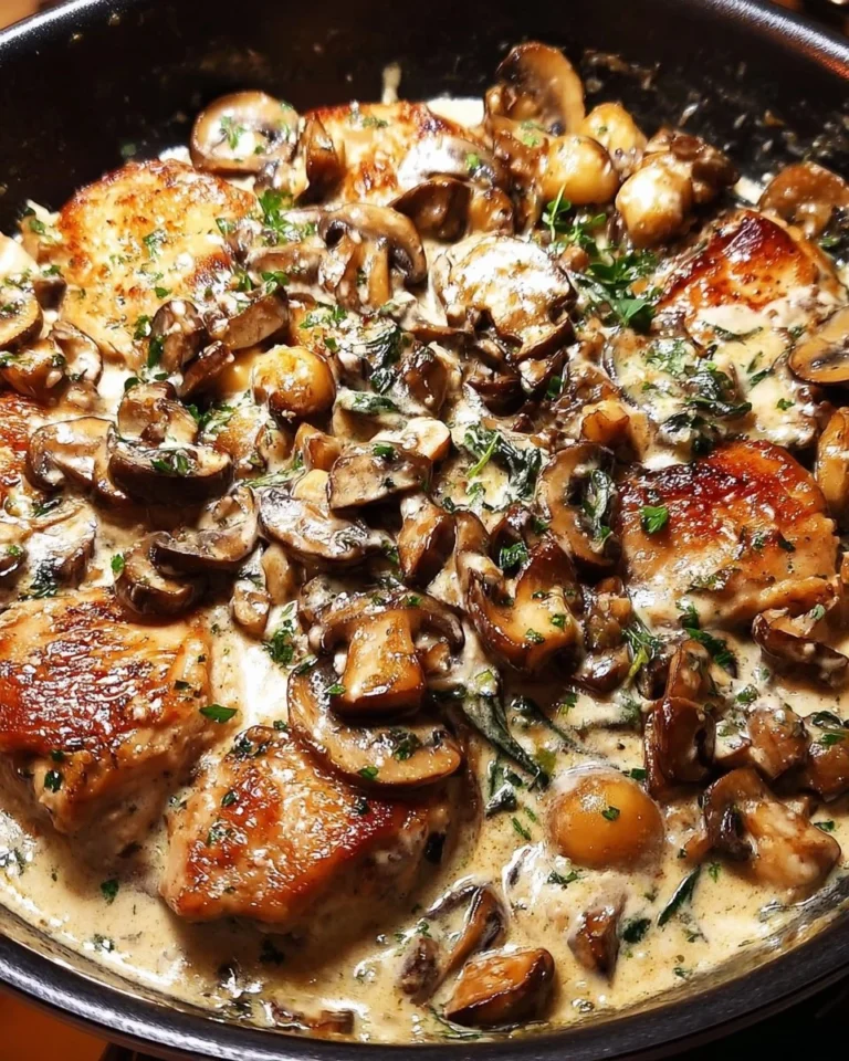 Cremiges Champignon-Hühnchen mit zartem Hühnchen und Pilzen in einer Sahnesauce