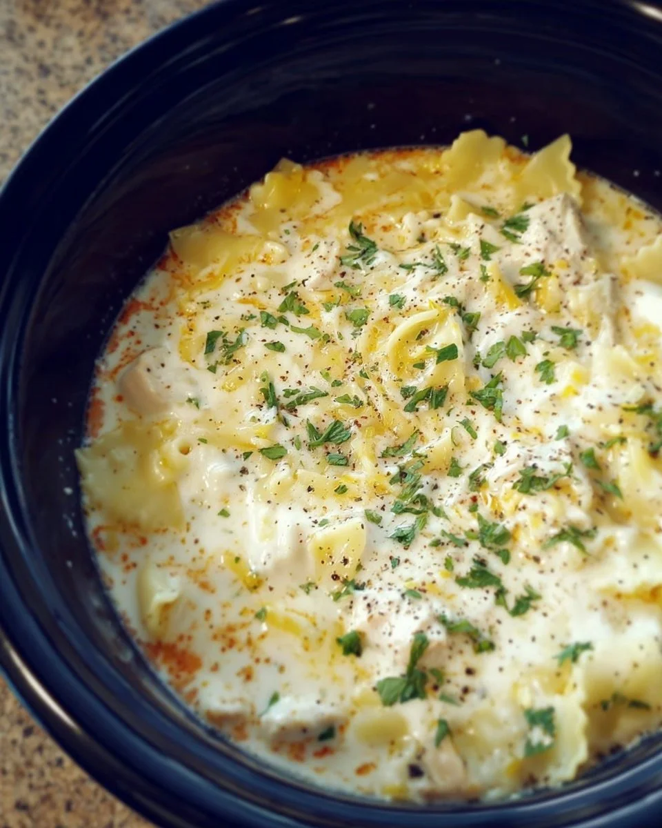 Crock Pot weiße Lasagne Suppe in einem Teller serviert.