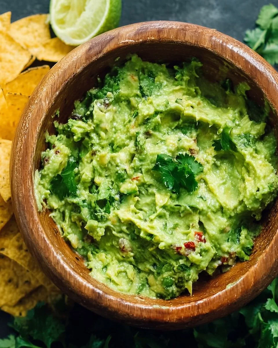 Schnelle und einfache Guacamole in einer Schüssel mit frischen Zutaten