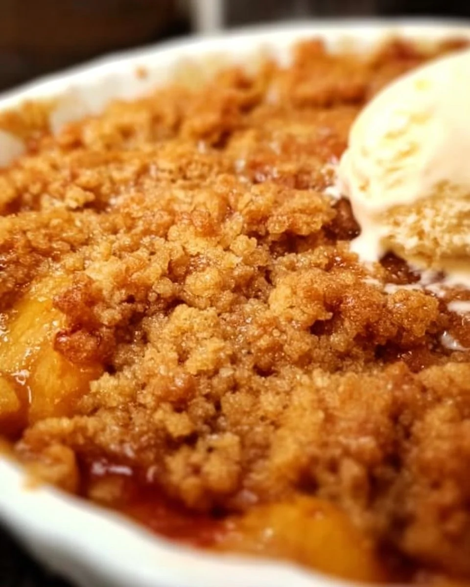 Leckere Pfirsich-Cobbler serviert auf einem weißen Teller