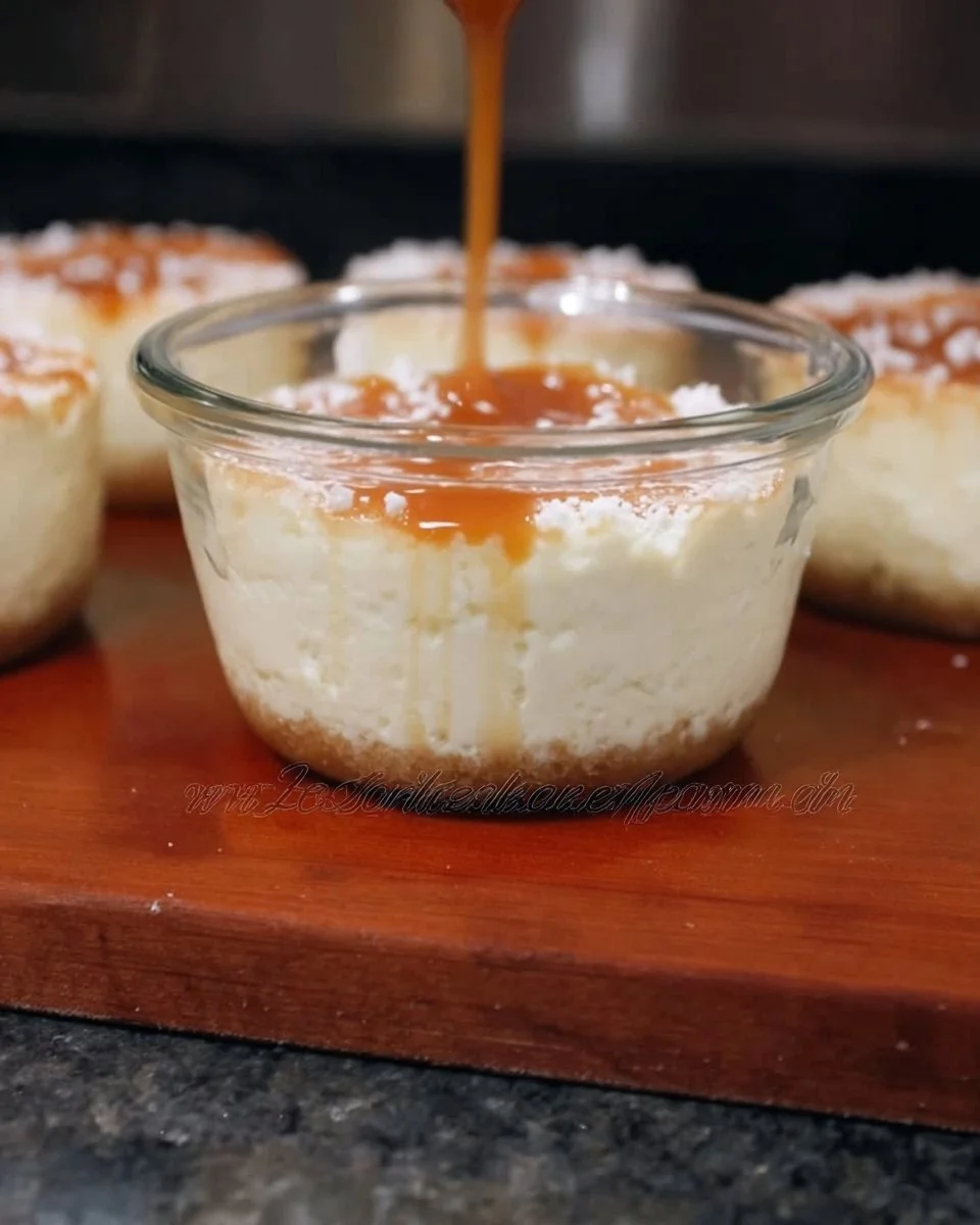 Mini-Cheesecakes mit Karamellsauce auf einem Teller