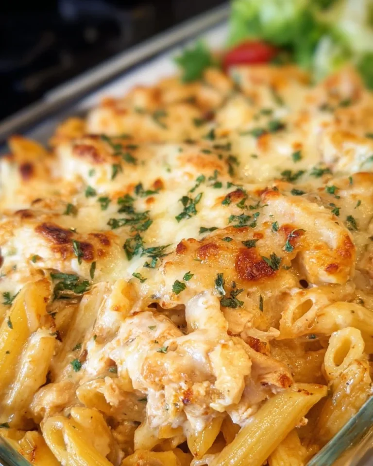 Drei Käse Hähnchen Pasta Auflauf mit cremiger Sauce und Käseüberbacken