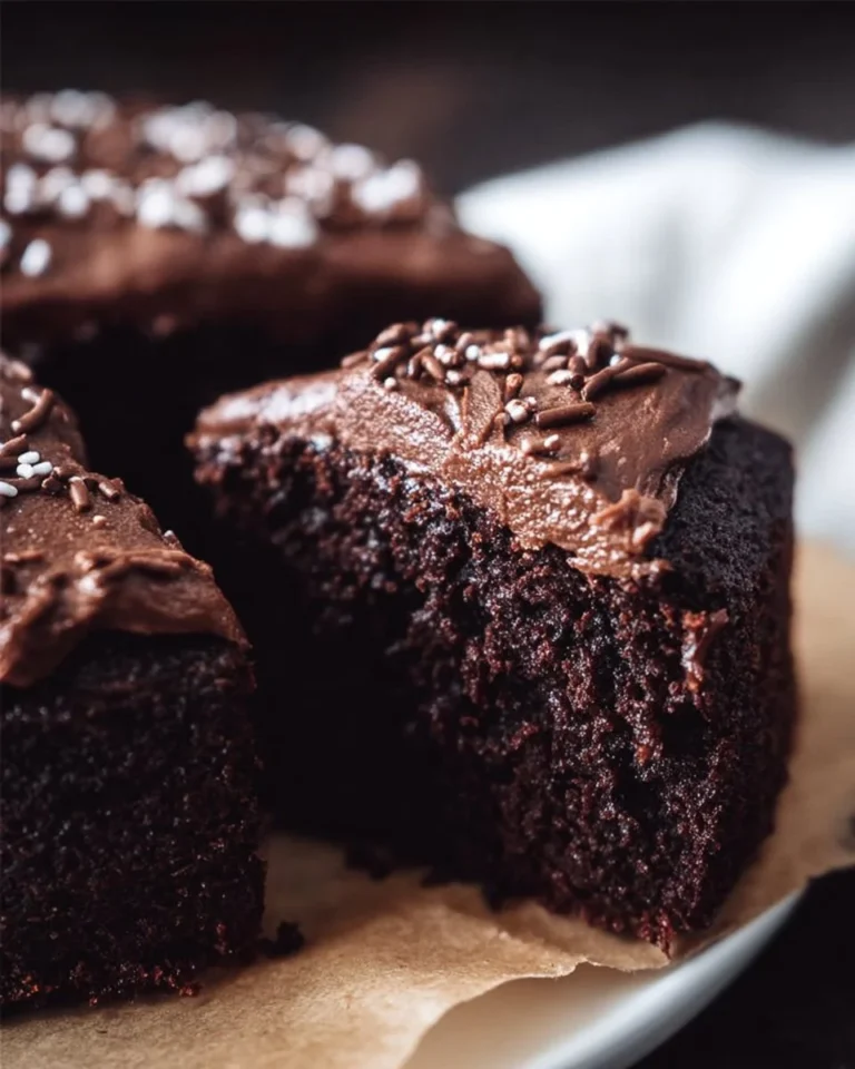 Easy sourdough discard chocolate cake topped with chocolate frosting