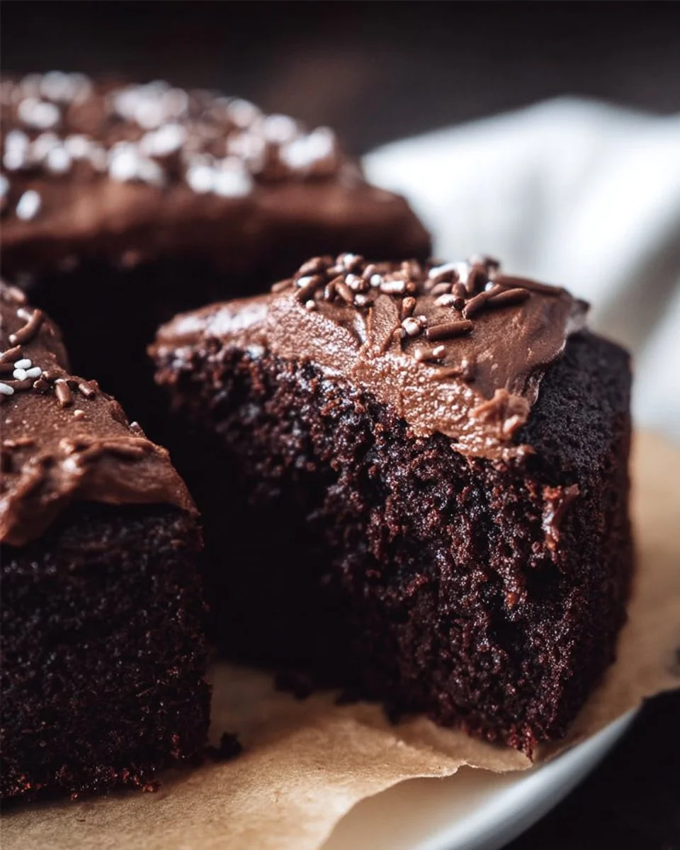 Easy sourdough discard chocolate cake topped with chocolate frosting