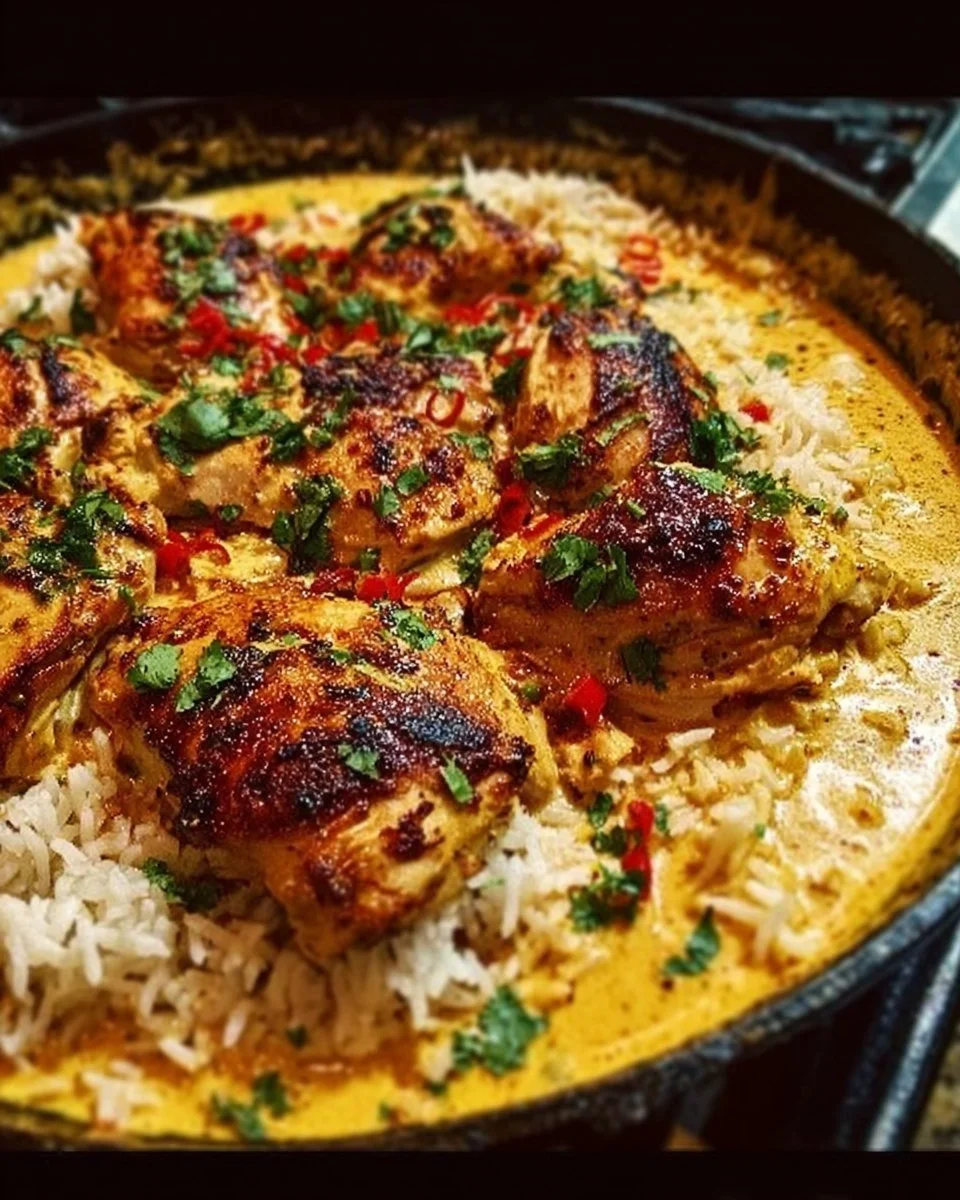 Cremiges Peri Peri Hähnchen mit Reis in einer Pfanne zubereitet