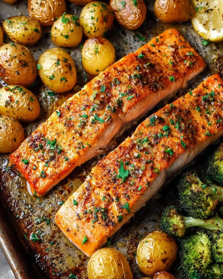 Einfache Blechpfanne Honig-Senf Lachs mit Kartoffeln auf einem Teller serviert.