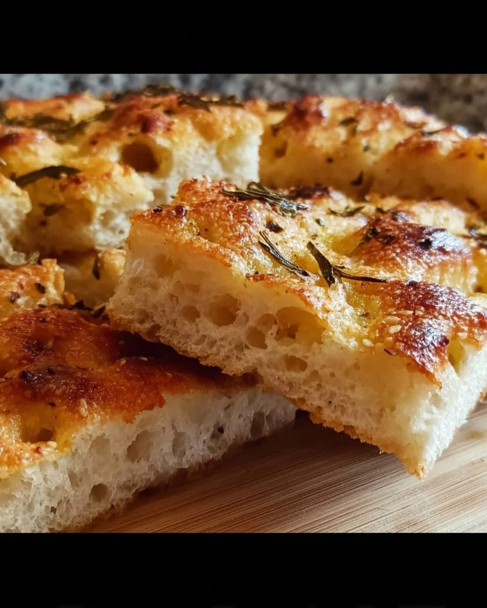 Ein einfaches Sauerteig-Focaccia frisch aus dem Ofen mit Olivenöl und Kräutern