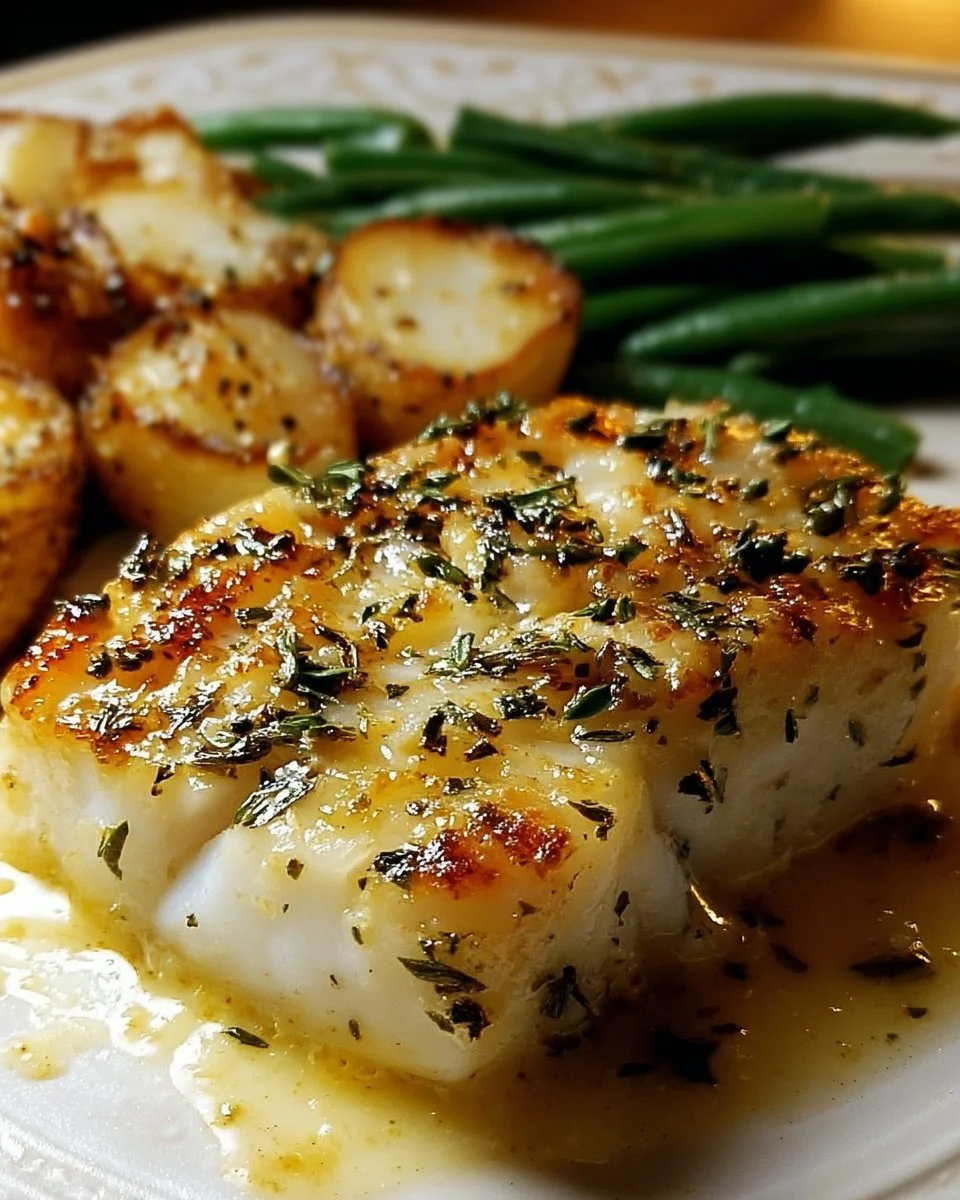 Eingebackener Kabeljau serviert mit Gemüse und Beilagen