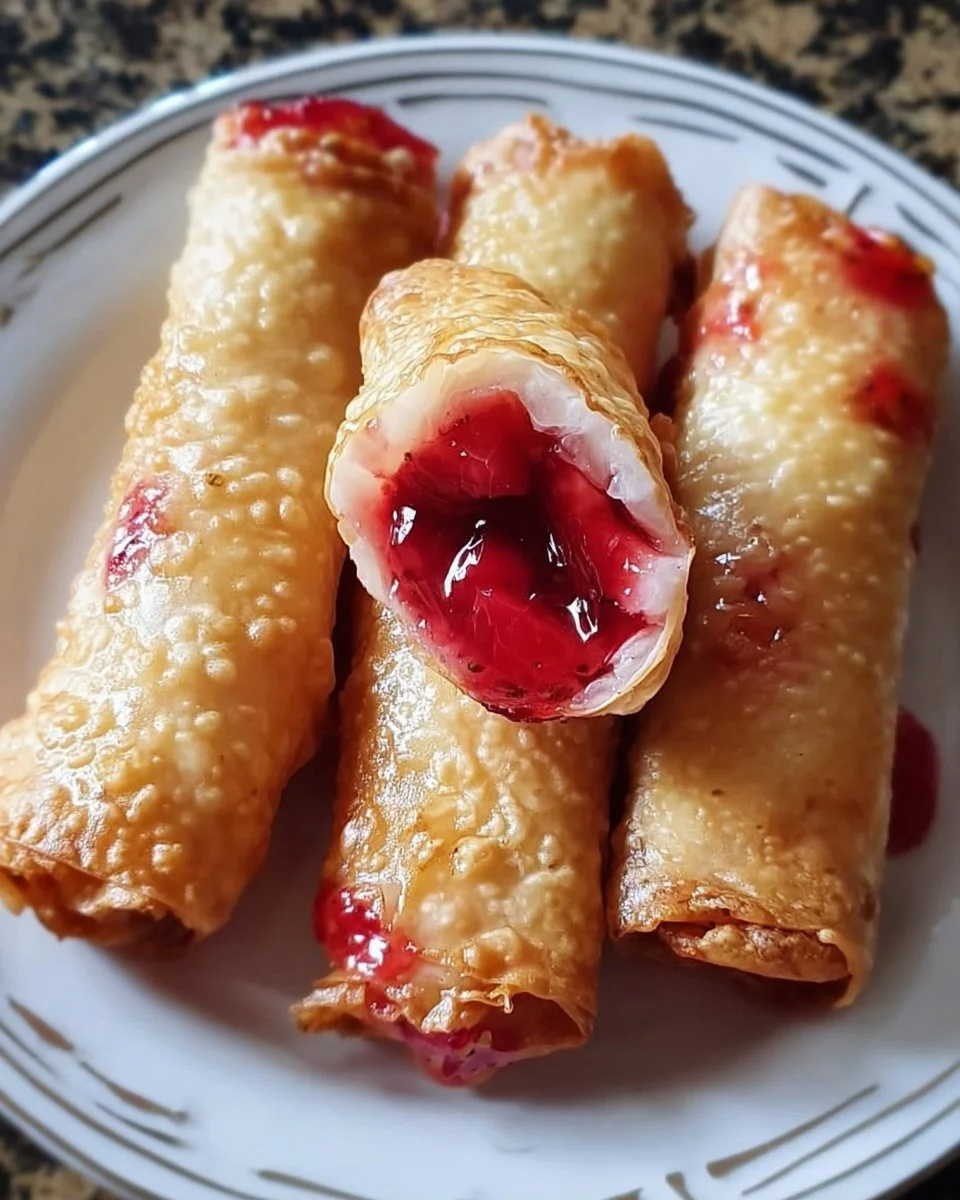 Erdbeer-Käsekuchen gefüllte Frühlingsrollen auf einem Teller