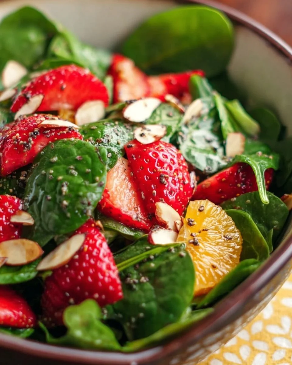 Frischer Erdbeerspinatsalat mit leichtem Dressing und frischen Zutaten
