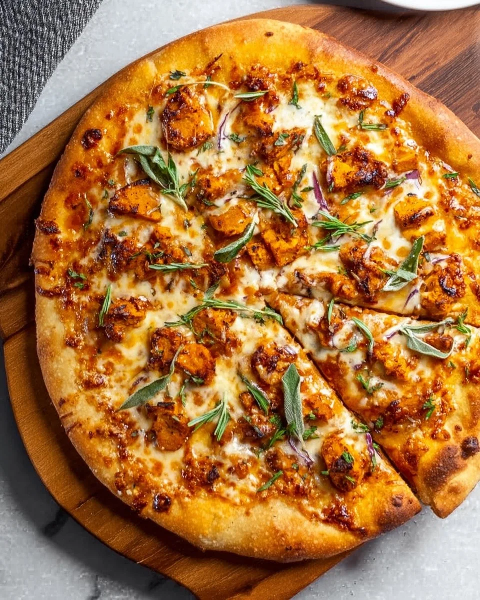 Leckere Ernte Kürbis Pizza mit frischen Kürbisstücken und Gewürzen