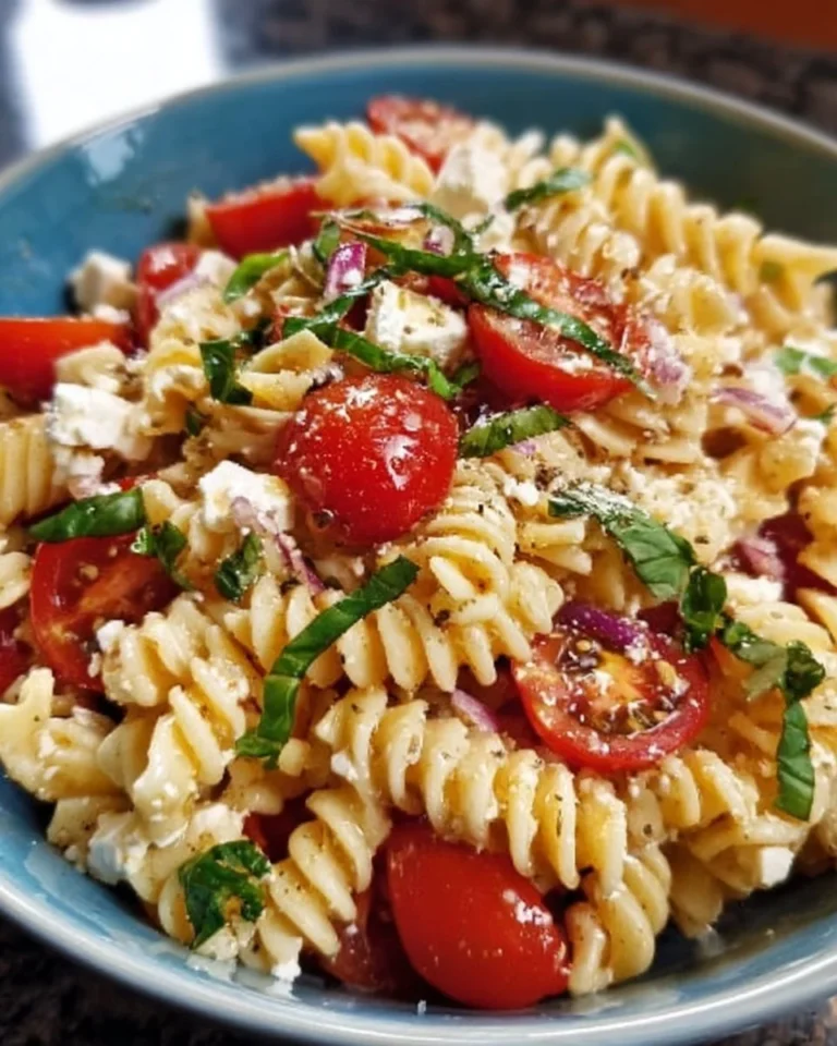 Frischer Tomaten-Basilikum-Feta-Pasta-Salat in einer Schüssel