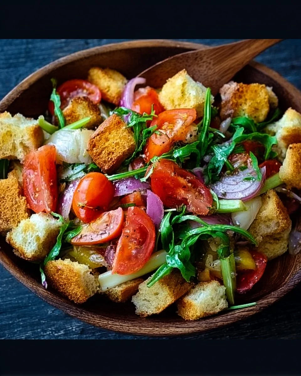 Frühlingstauglicher Panzanella-Salat mit buntem Gemüse und Brot