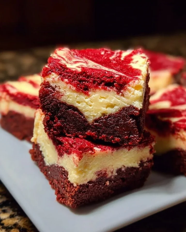 Fudgy red velvet brownies topped with a velvety cheesecake layer on a white plate