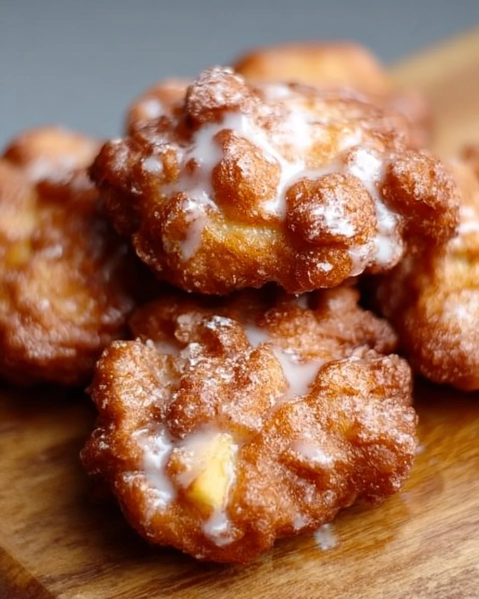 Gebackene Apfelküchlein auf einem Teller, garniert mit Puderzucker.