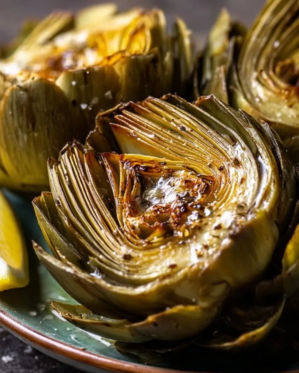 Geröstete Artischocken mit Knoblauch und Zitrone auf einem Teller