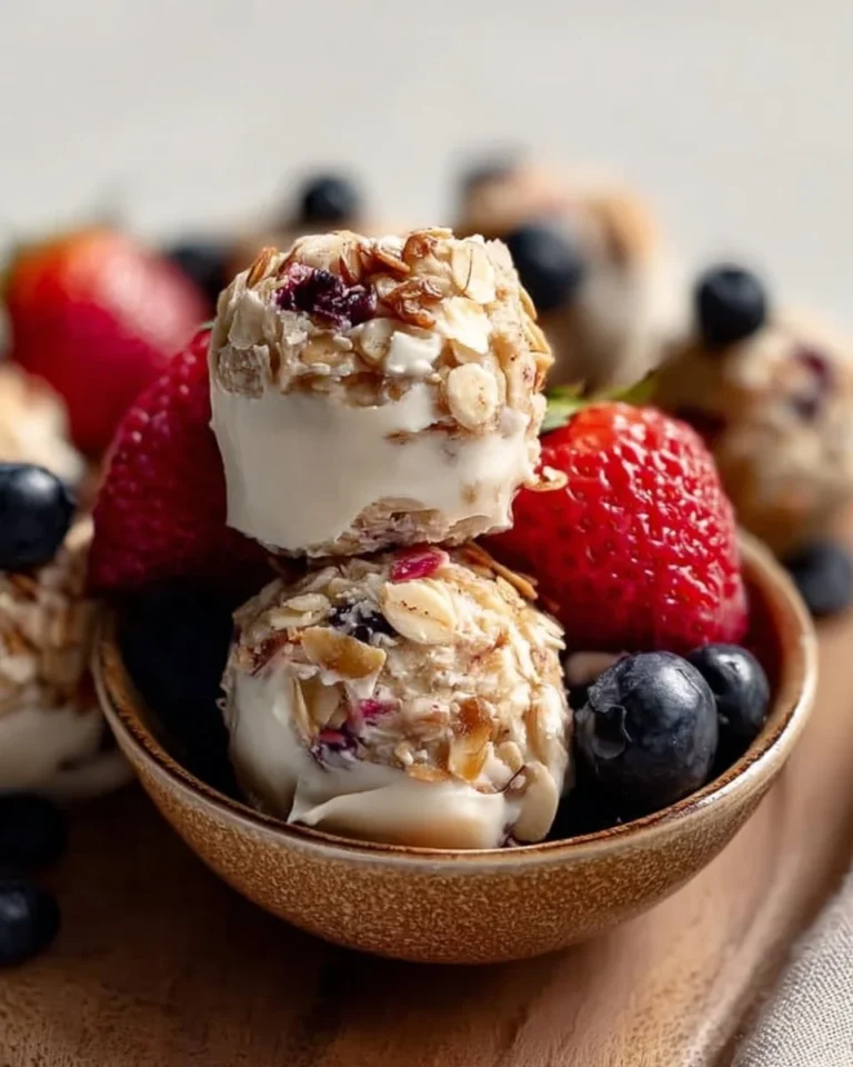 Gluten-free frozen yogurt granola bites on a wooden platter with a garnish