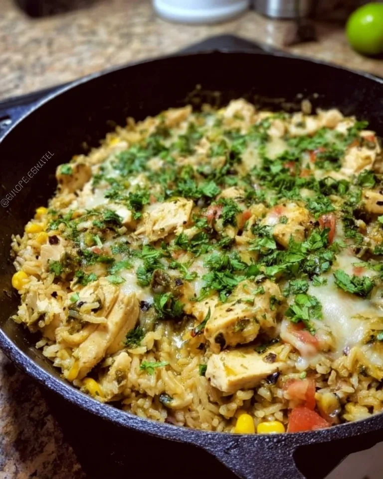 Green Sauce Chicken & Rice Skillet served in a pan with fresh herbs