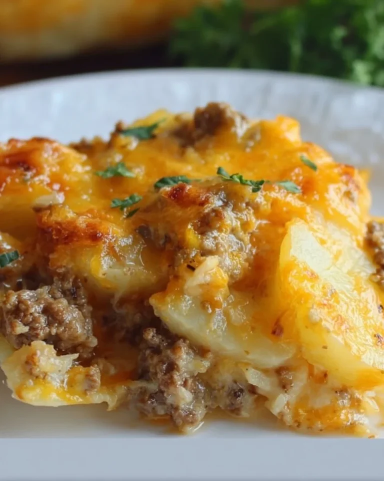 Hausgemachter Rinderhackfleisch-Kartoffelauflauf mit Käse überbacken