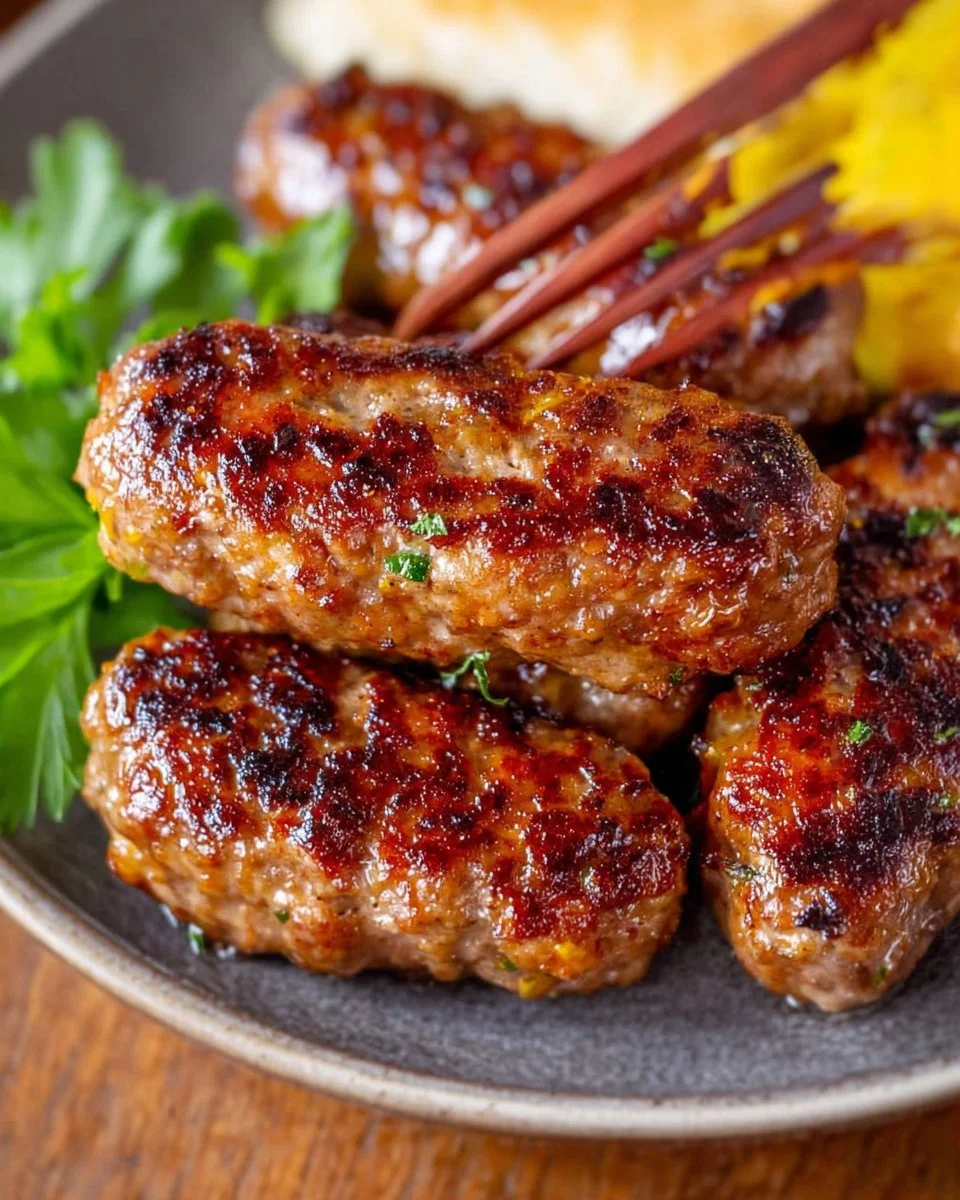 Hausgemachte Rindfleisch-Frühstückswurst auf einem Teller serviert