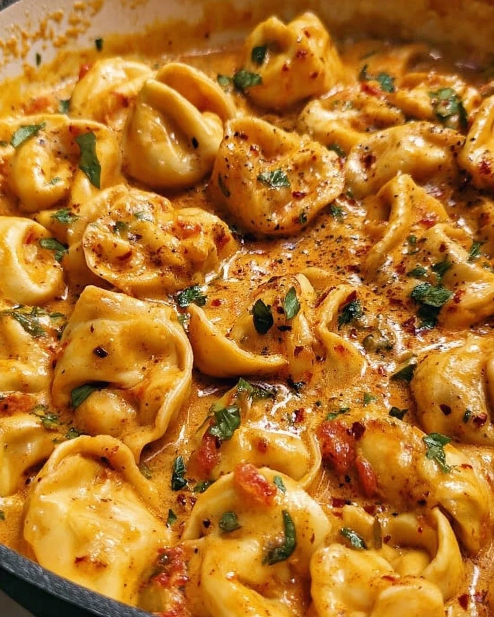 Hühnchen Tortellini mit frischen Zutaten und Kräutern zubereitet