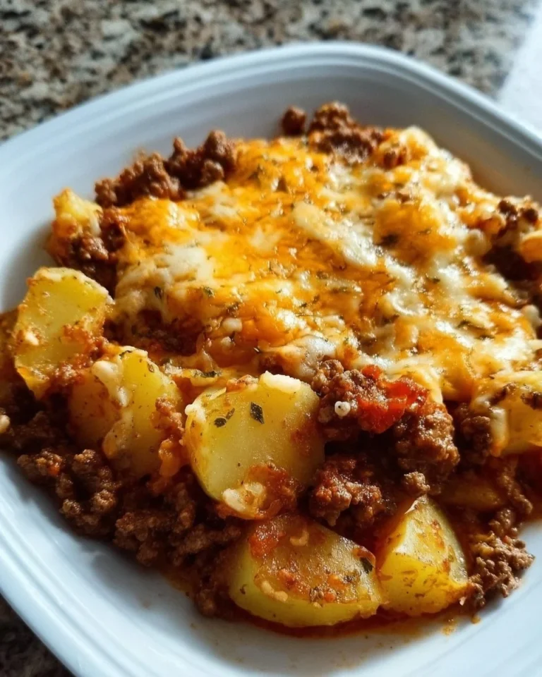 Hobo-Casserole mit Hackfleisch und Kartoffeln auf einem Teller serviert