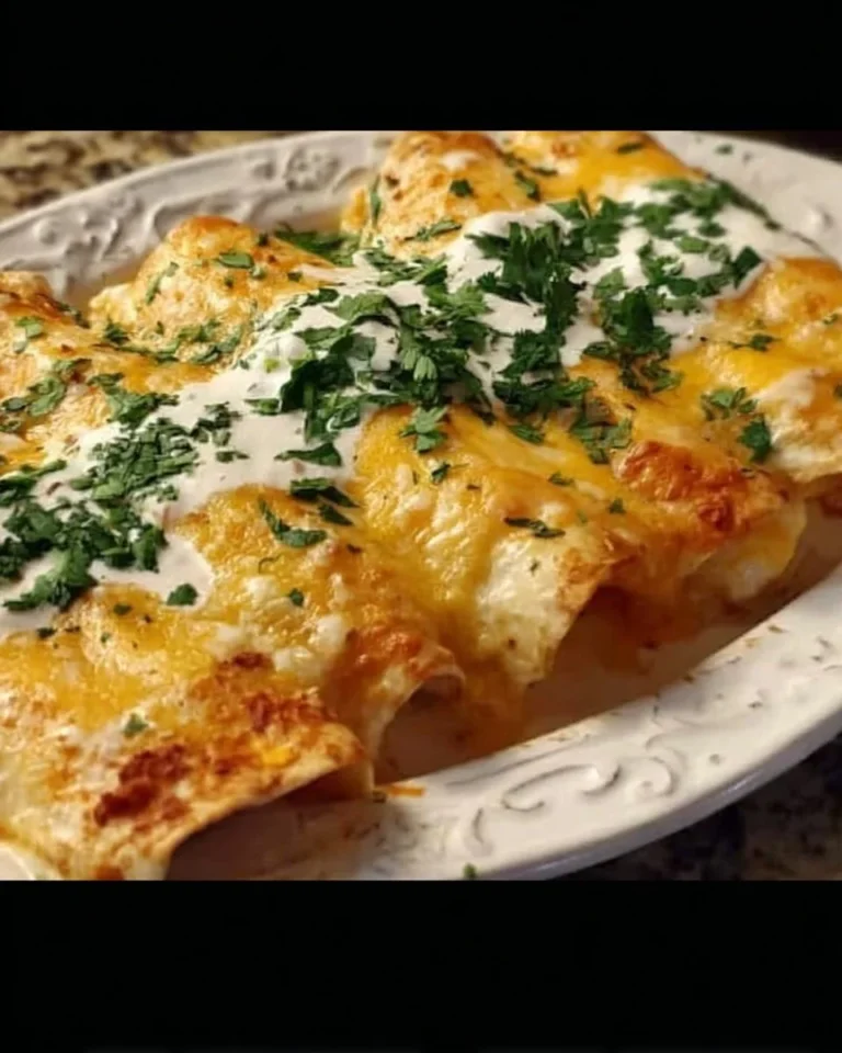 Hühnchen-Enchiladas mit saurer Sahne-weißer Sauce auf einem Teller serviert