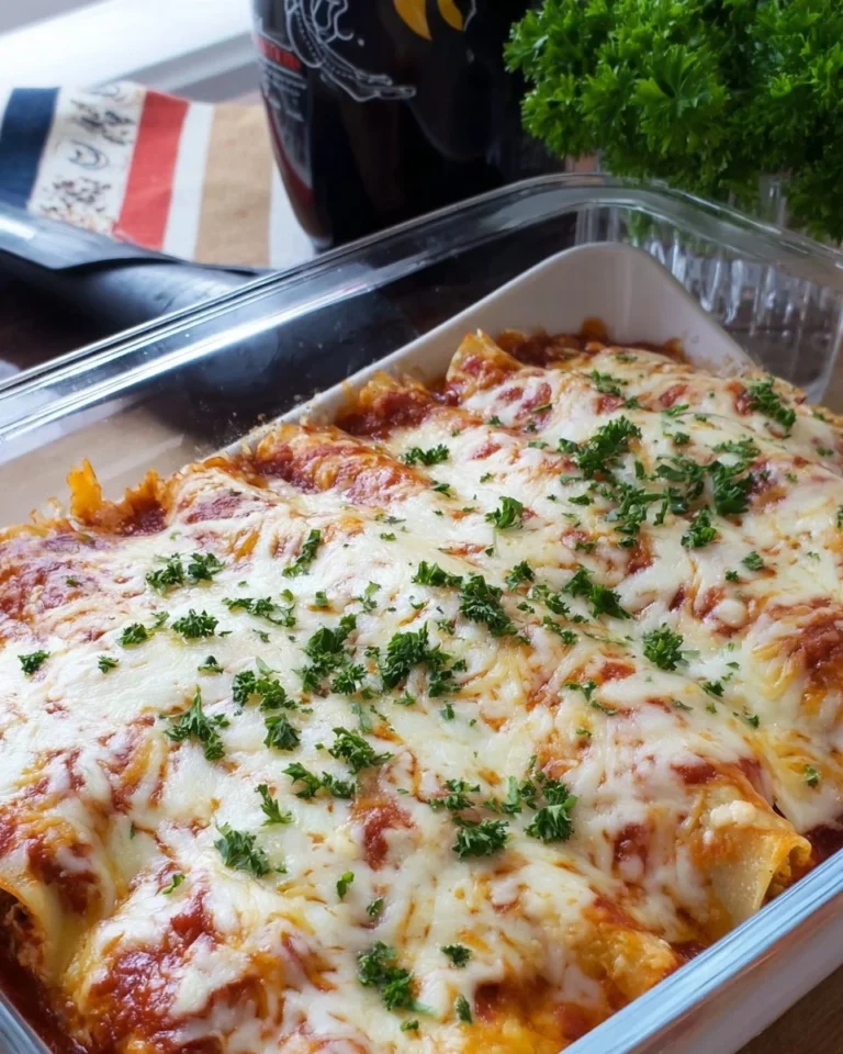 Hühnchen und Käse Manicotti serviert auf einem Teller mit frischen Kräutern