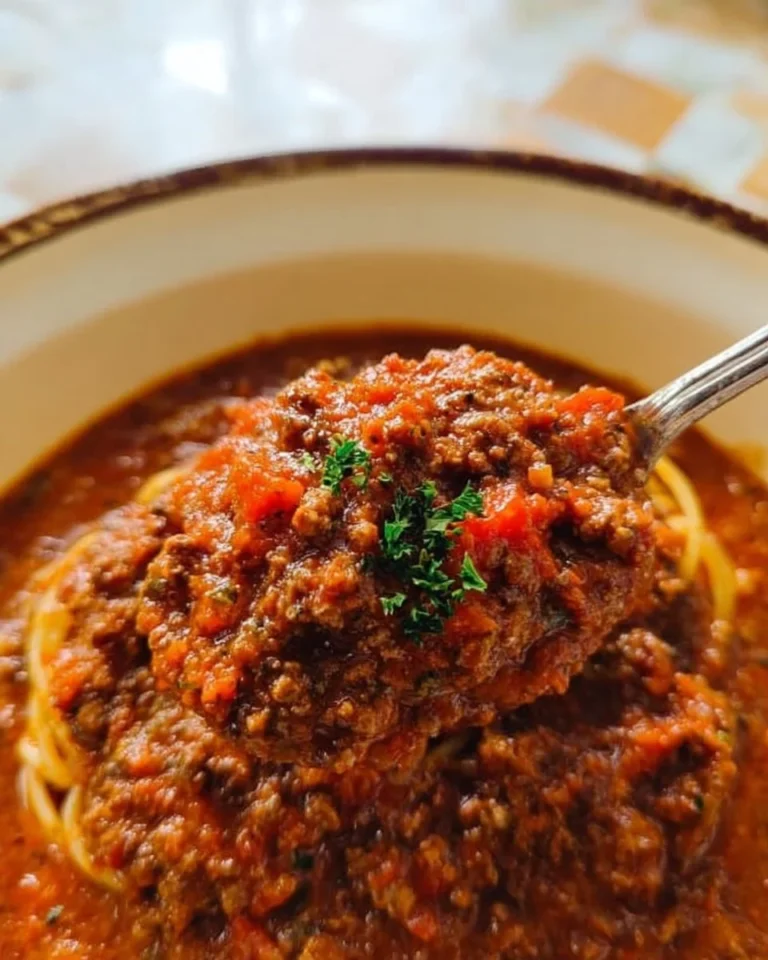 Homemade Italian meat sauce simmering in a pot with fresh herbs and tomatoes
