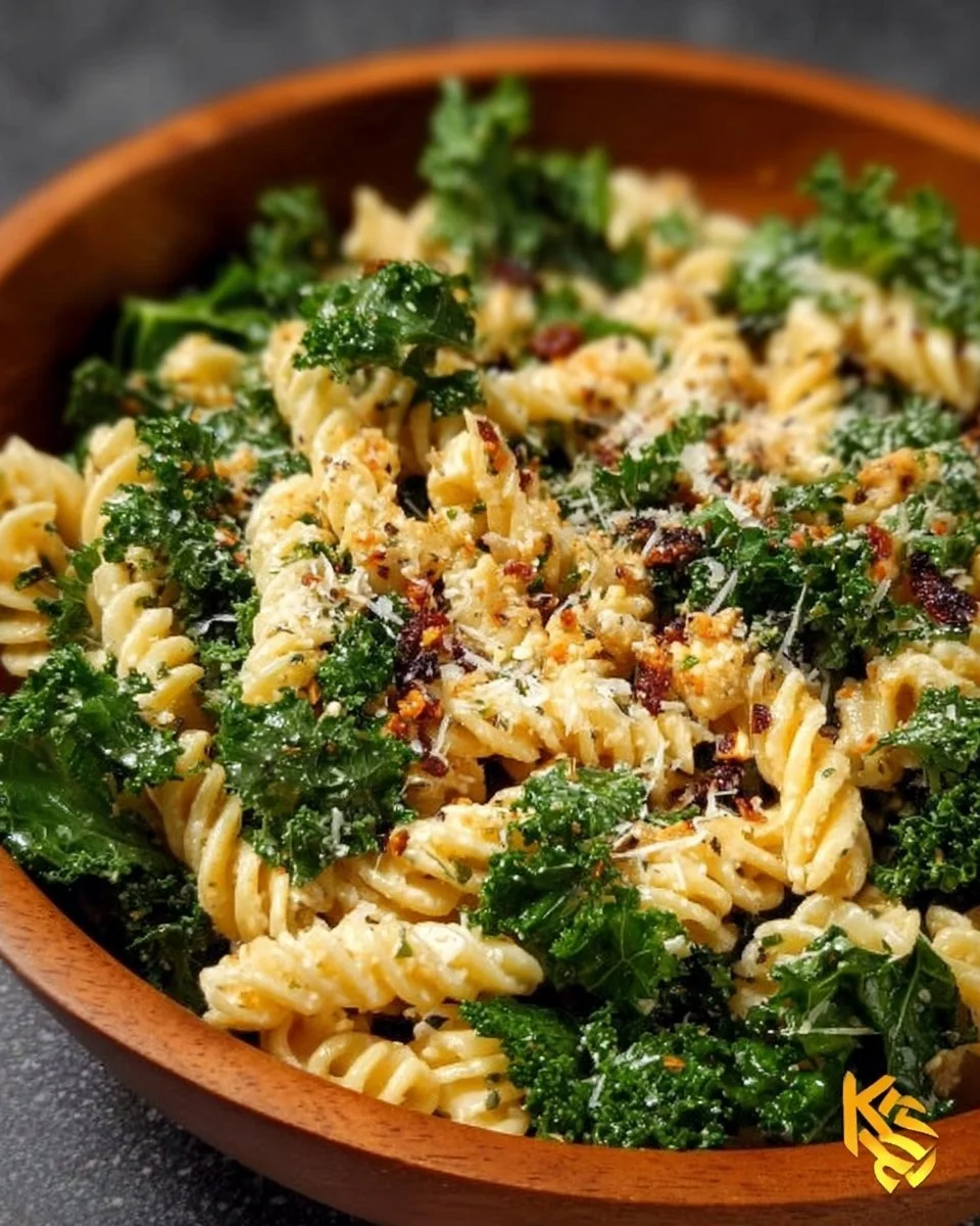 Healthy Kale Pasta Caesar Salad with creamy dressing and fresh ingredients