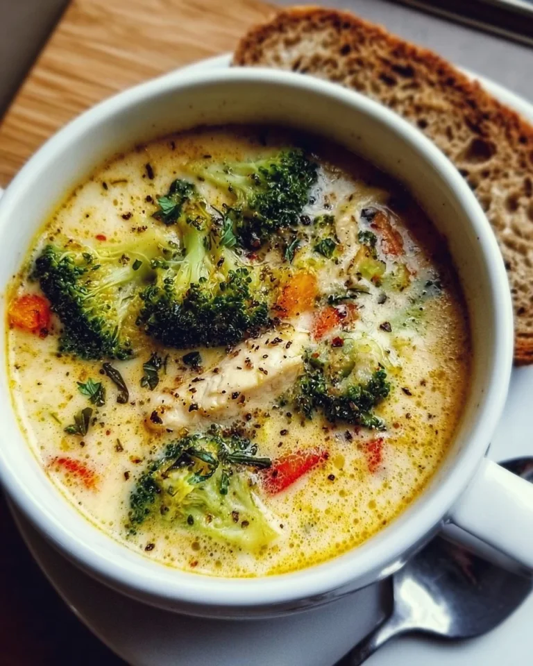 Käse-Hühnchen-Brokkoli-Suppe aus dem Crockpot in einer Schüssel serviert