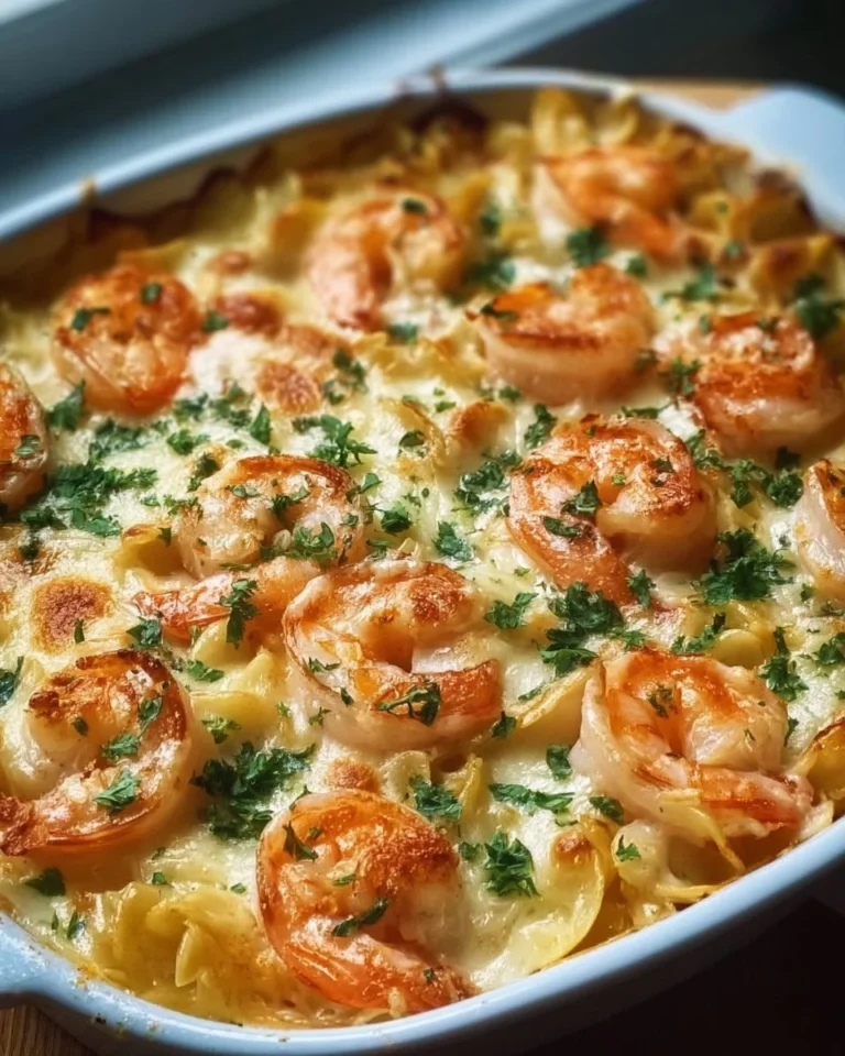 Leckerer Knoblauchbutter Garnelen Pasta Auflauf frisch aus dem Ofen