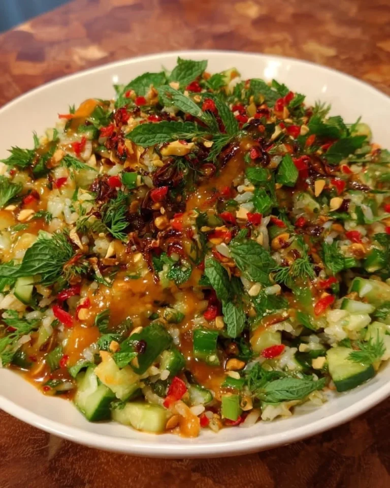 Knuspriger Reissalat mit Erdnuss-Chili auf einem Teller serviert