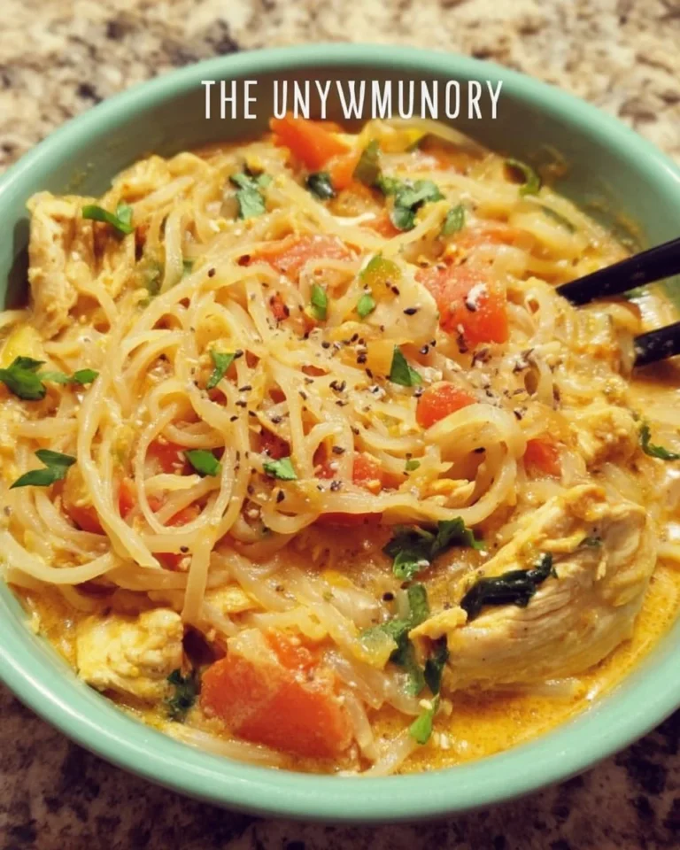 Kokos-Curry-Hühnchen-Nudeln mit frischen Zutaten auf einem Teller