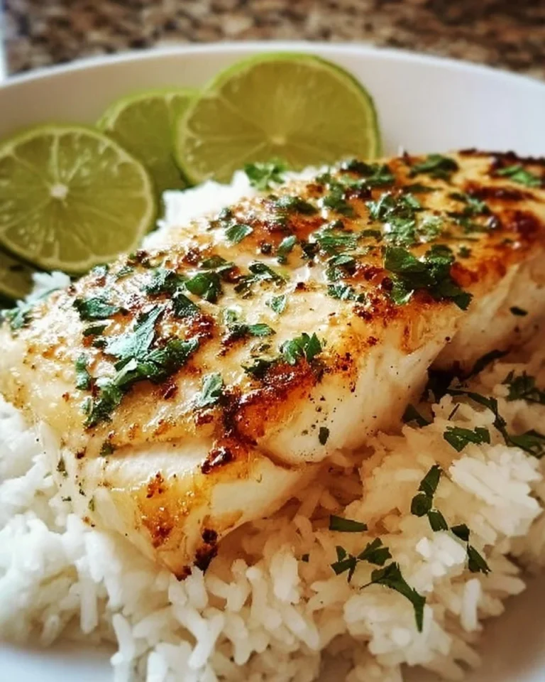 Kokos-Limetten-Fisch mit Reis auf einem weißen Teller, garniert mit frischen Kräutern