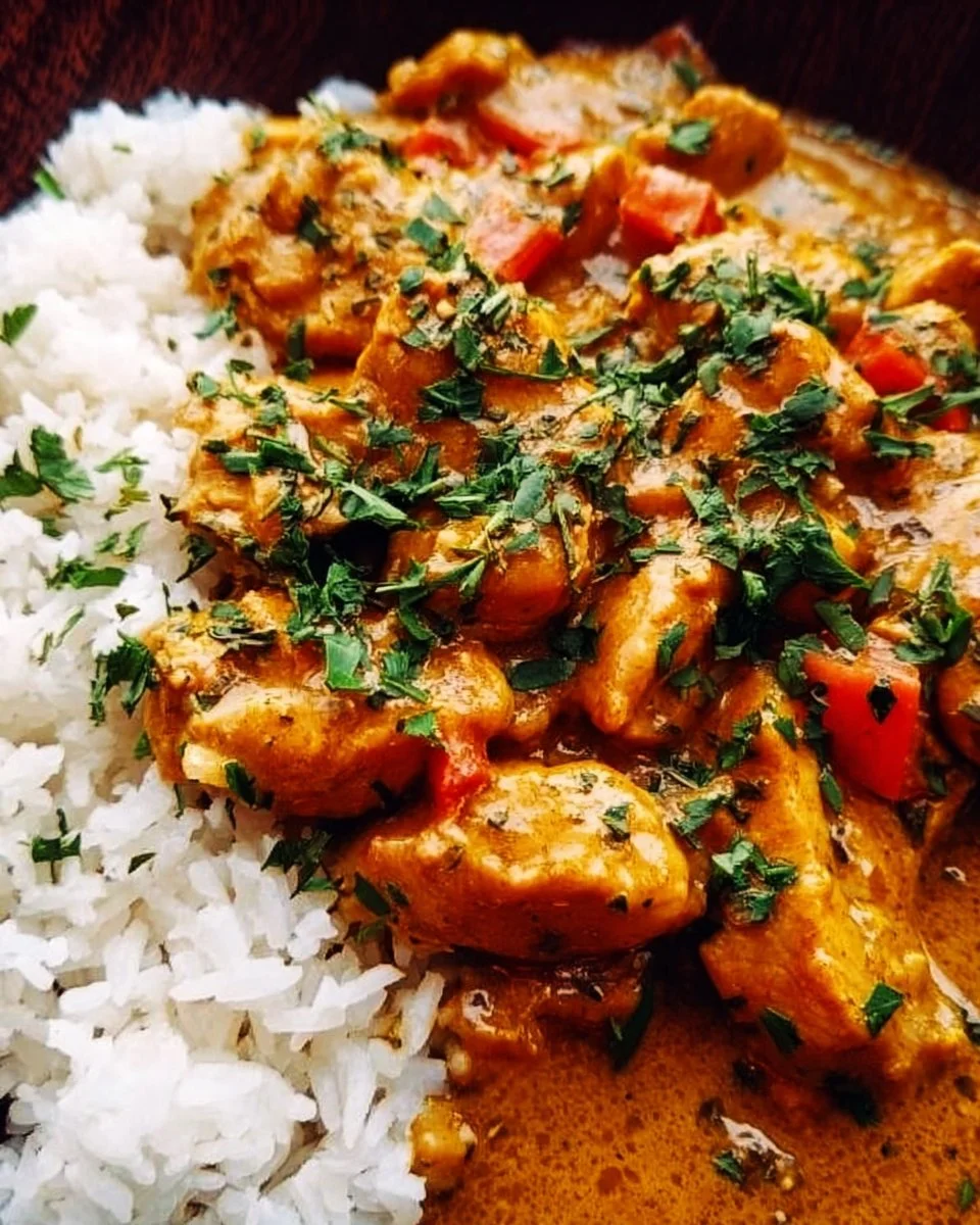 Kokosnuss-Hühnchen-Curry in einer Schüssel, serviert mit frischen Kräutern.