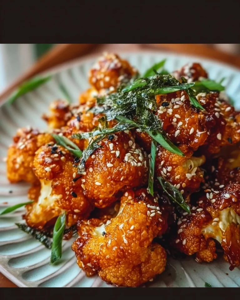 A plate of Korean Baked Cauliflower garnished with sesame seeds and green onions.