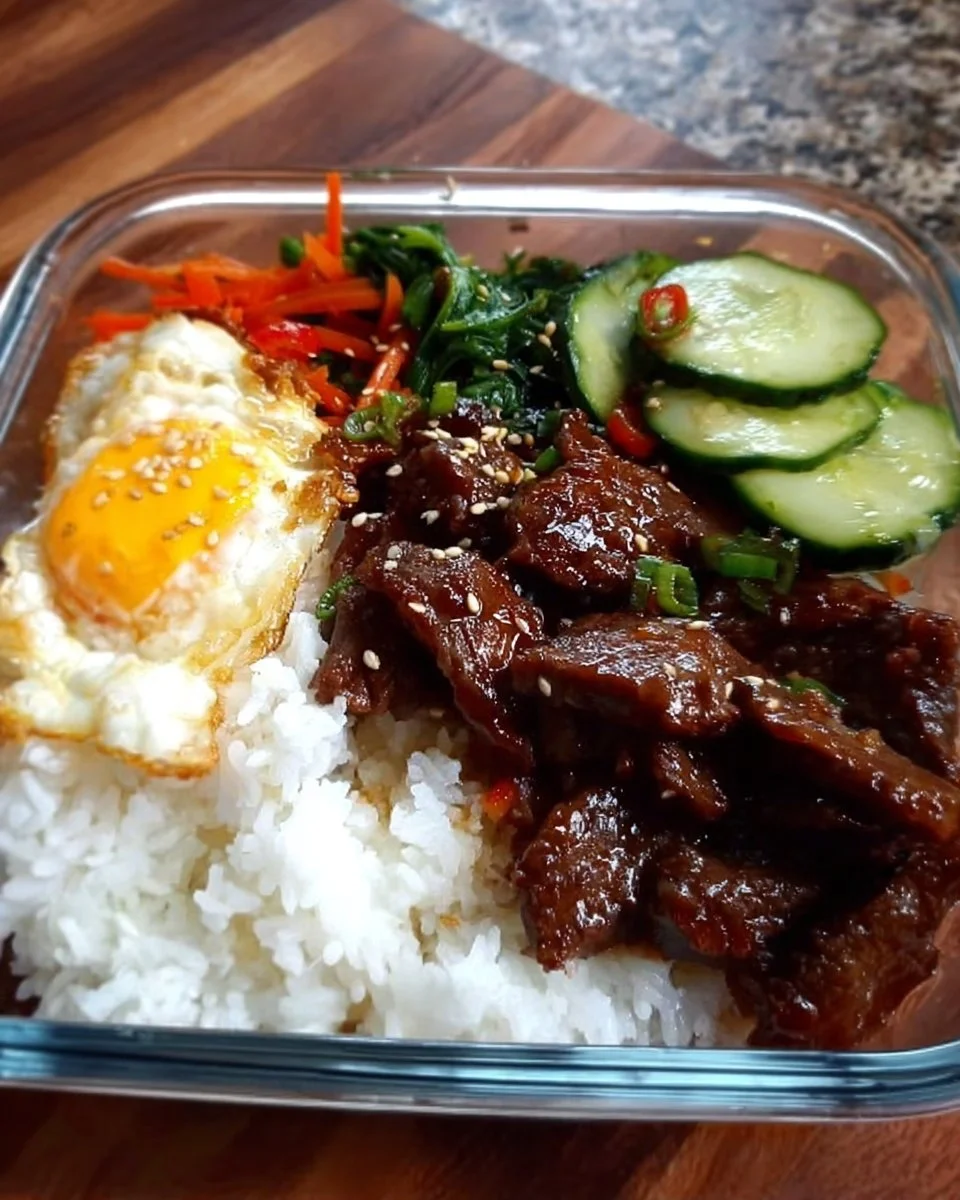 Koreanisches Rindfleisch-Reisgericht auf einem Teller serviert