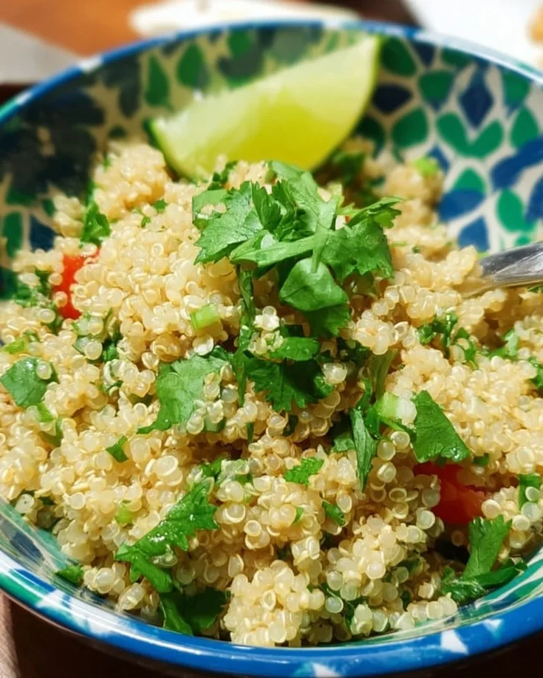 Schüssel mit Koriander-Limetten-Quinoa, frisch garniert mit Kräutern.