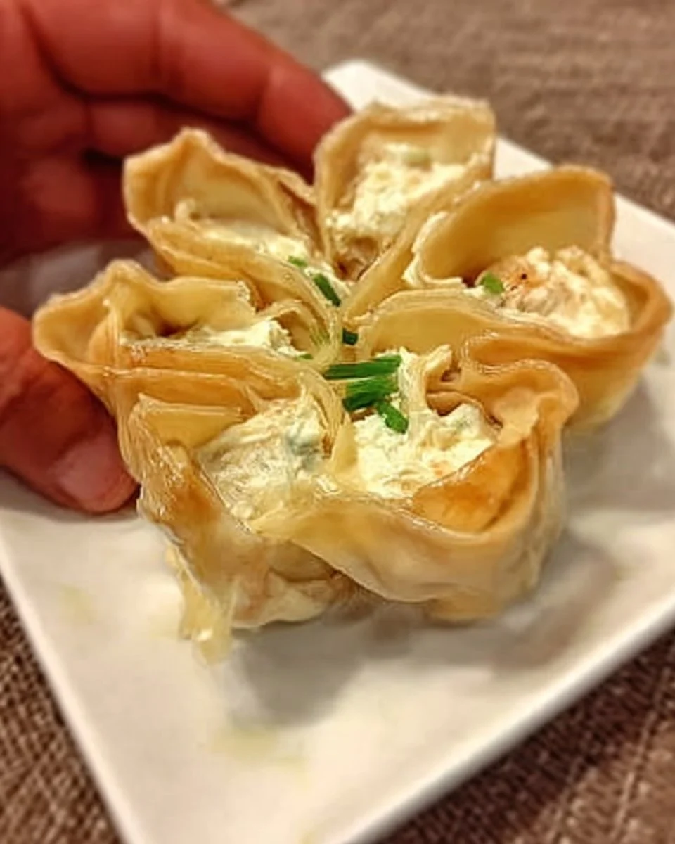 Krabben-Wontons mit Frischkäse auf einem Teller serviert.