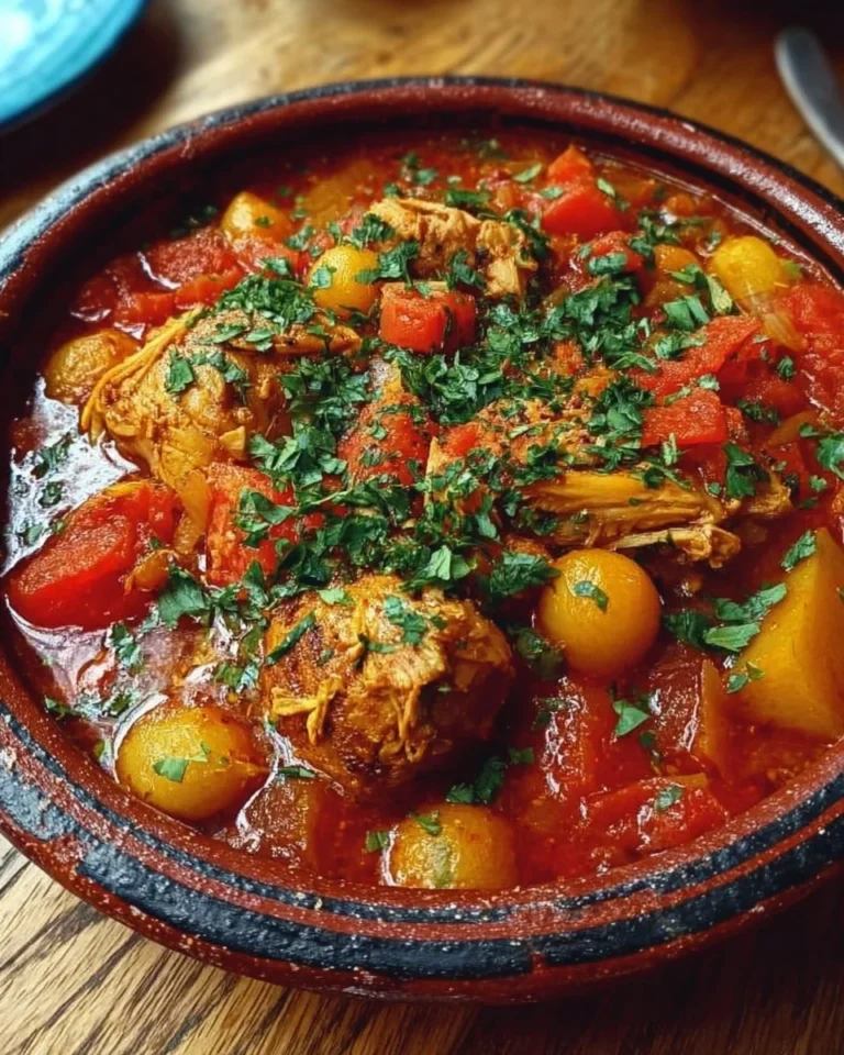 Marokkanischer Hühner-Eintopf mit Gemüse und Gewürzen auf einem Teller serviert