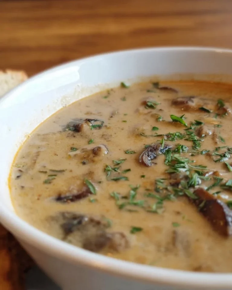 Schüssel mit milchfreier Pilzsuppe, gesund und vegan.
