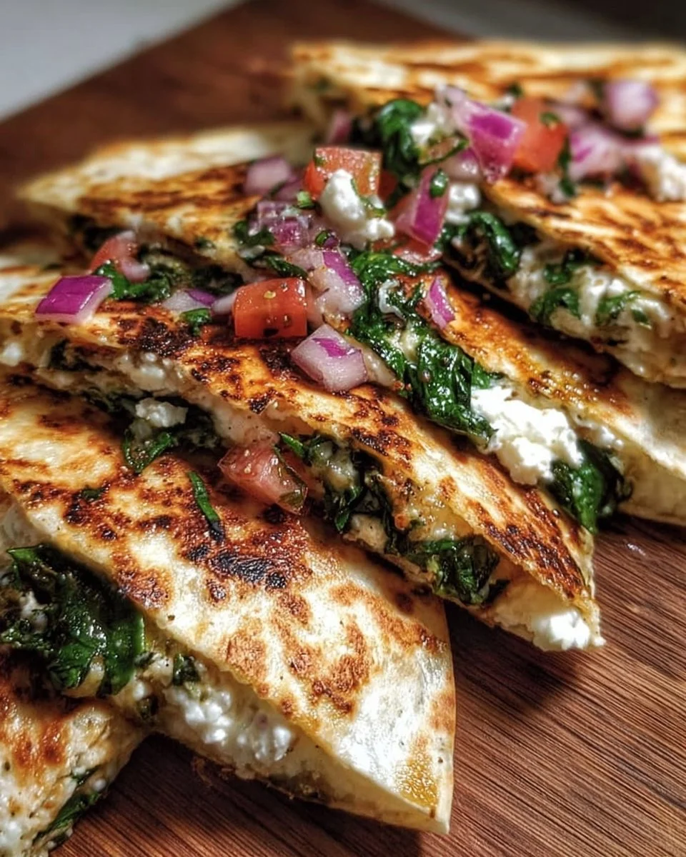 Mittelmeer Quesadillas mit Spinat, Feta und roten Zwiebeln auf einem Teller