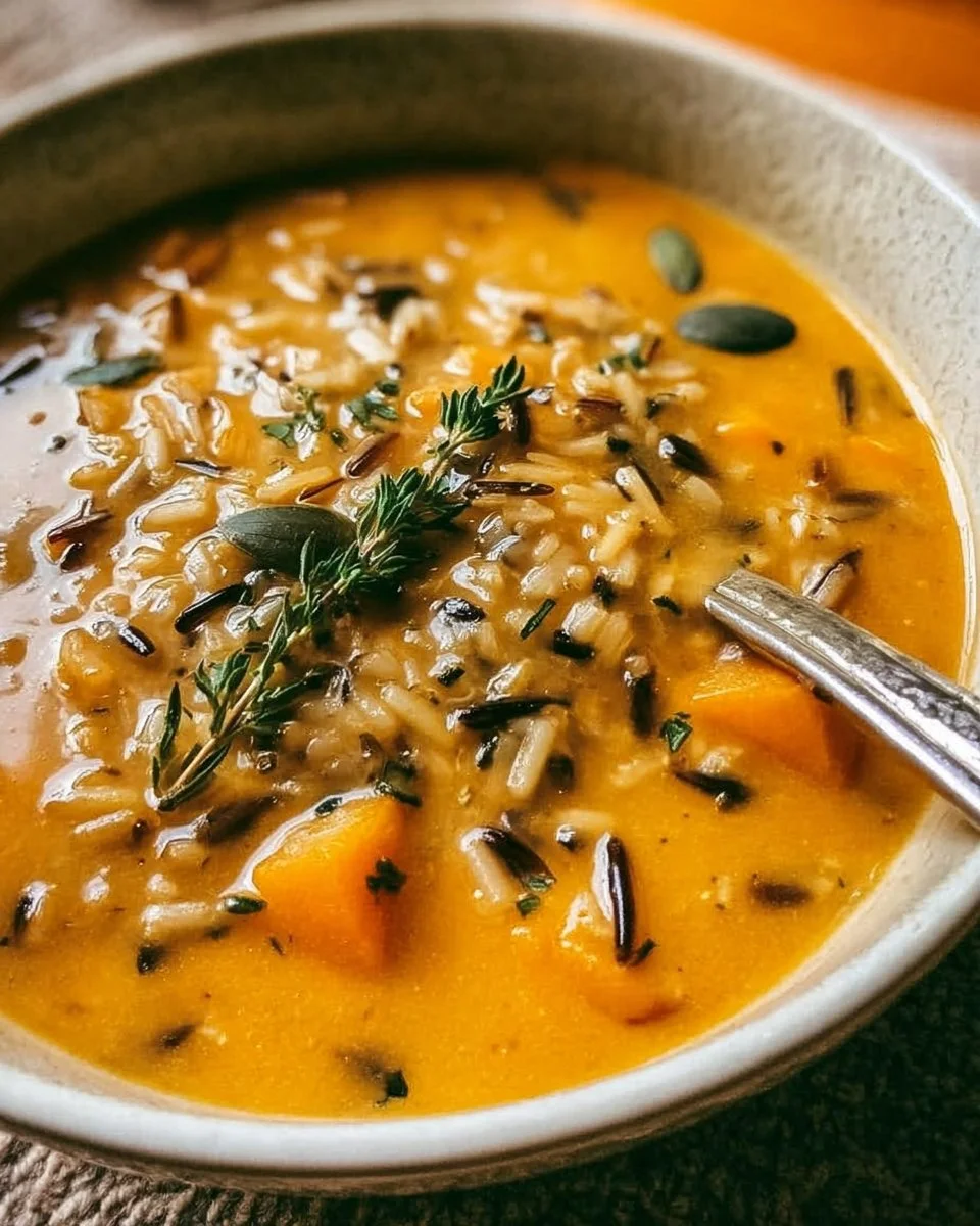Nährende vegane Kürbis-Wildreis-Suppe in einer Schüssel mit frischen Kräutern.